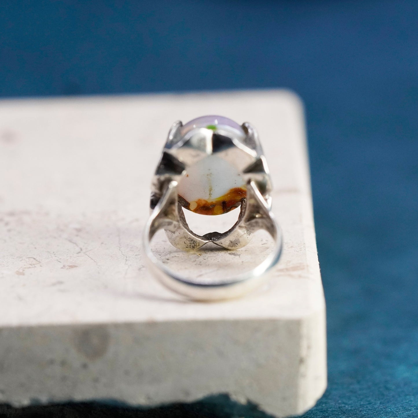 Size 6.75, vintage Mexico Sterling 925 silver handmade ring dragon foiled glass
