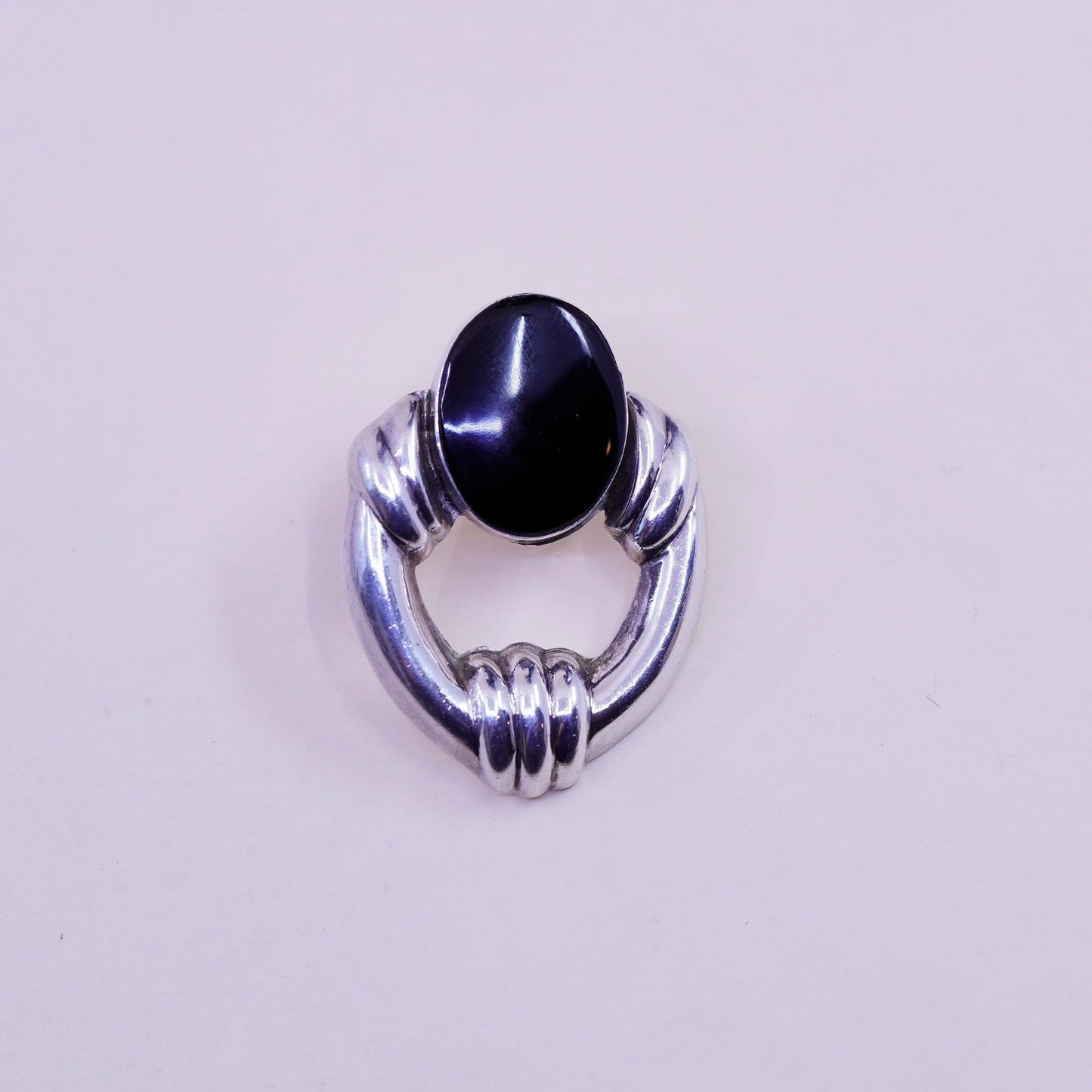 Vintage Sterling silver handmade earrings, Modern 925 ribbed stud oval obsidian