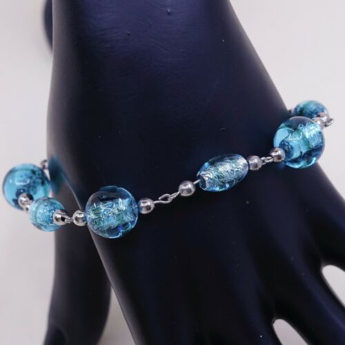 7.25”, Vtg Handmade Bracelet W/ Blue Foiled Glass N Sterling 925 Silver Clasp