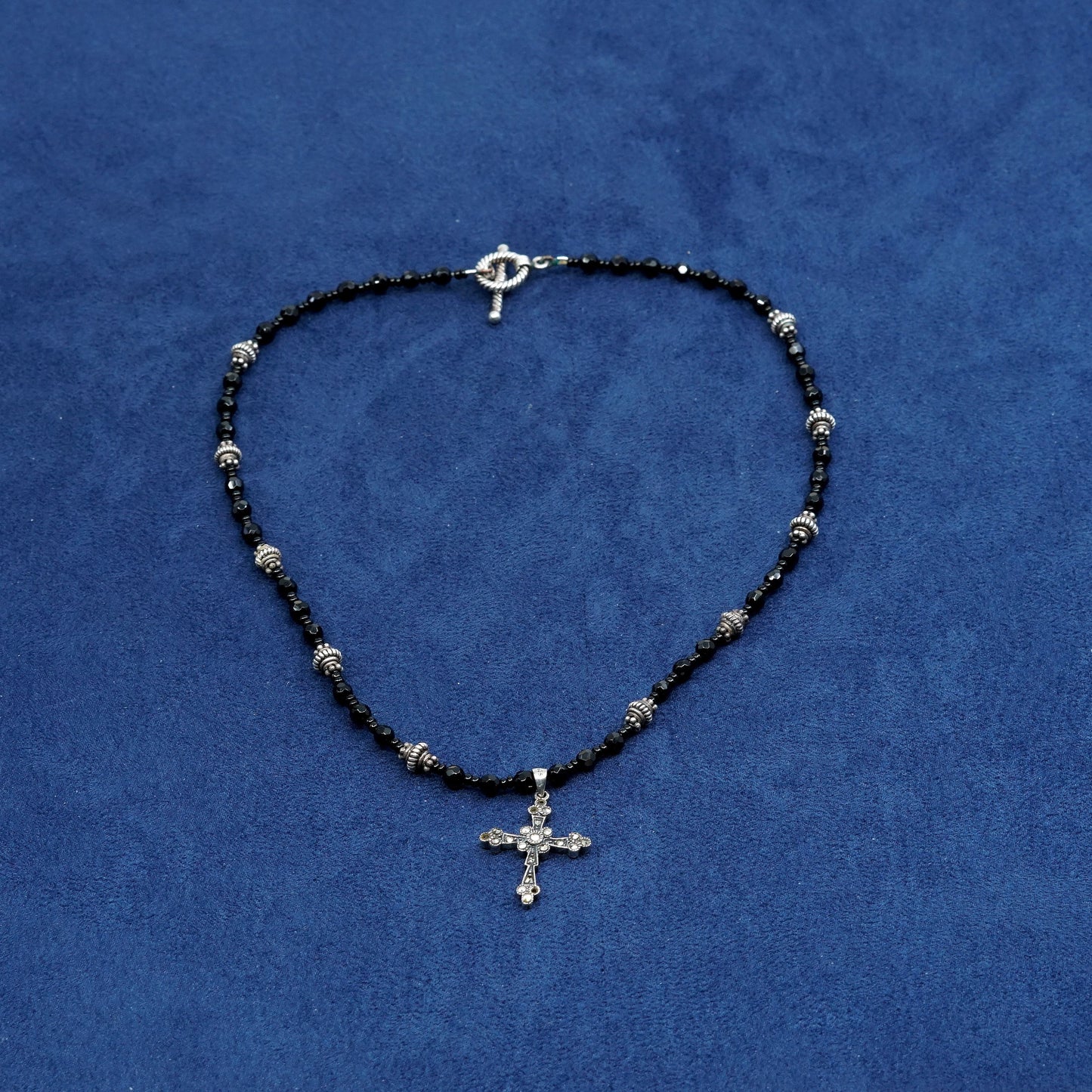 16", Sterling silver necklace, obsidian chain w/ 925 cross pendant N marcasite