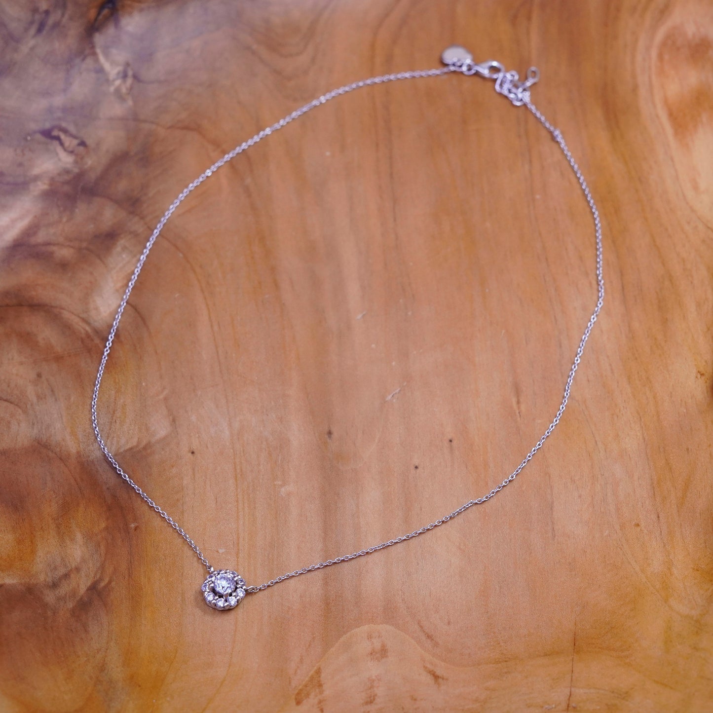 16+2”, 1mm, vintage Sterling silver necklace, 925 circle chain with Cz pendant