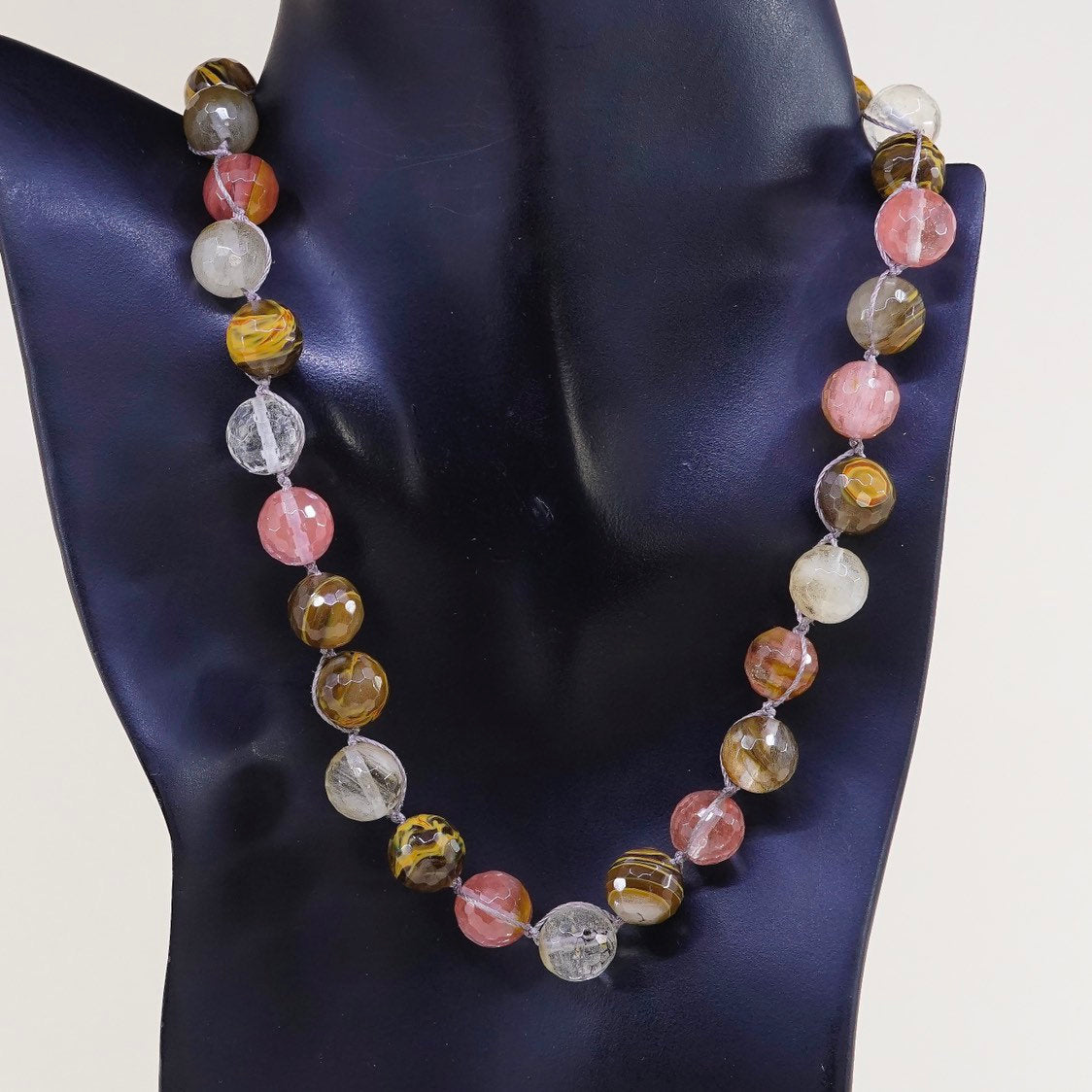 18”, vtg handmade Checker Cut agate quartz beads with linen thread necklace