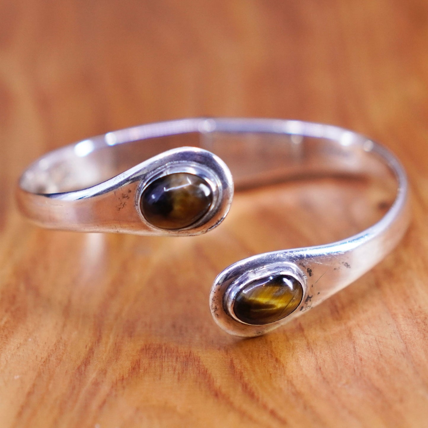6.5”, antique Mexico sterling silver bracelet, 925 wrap cuff golden tiger eye