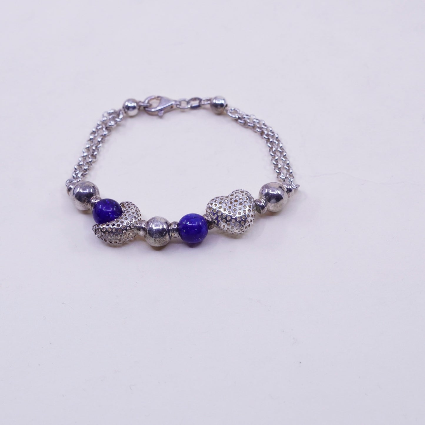 6.25”, vtg sterling silver bracelet, 925 circle chain heart charm lapis beads