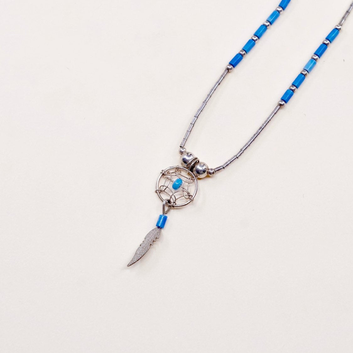 15", heishi Navajo Sterling silver necklace, 925 liquid chain turquoise feather
