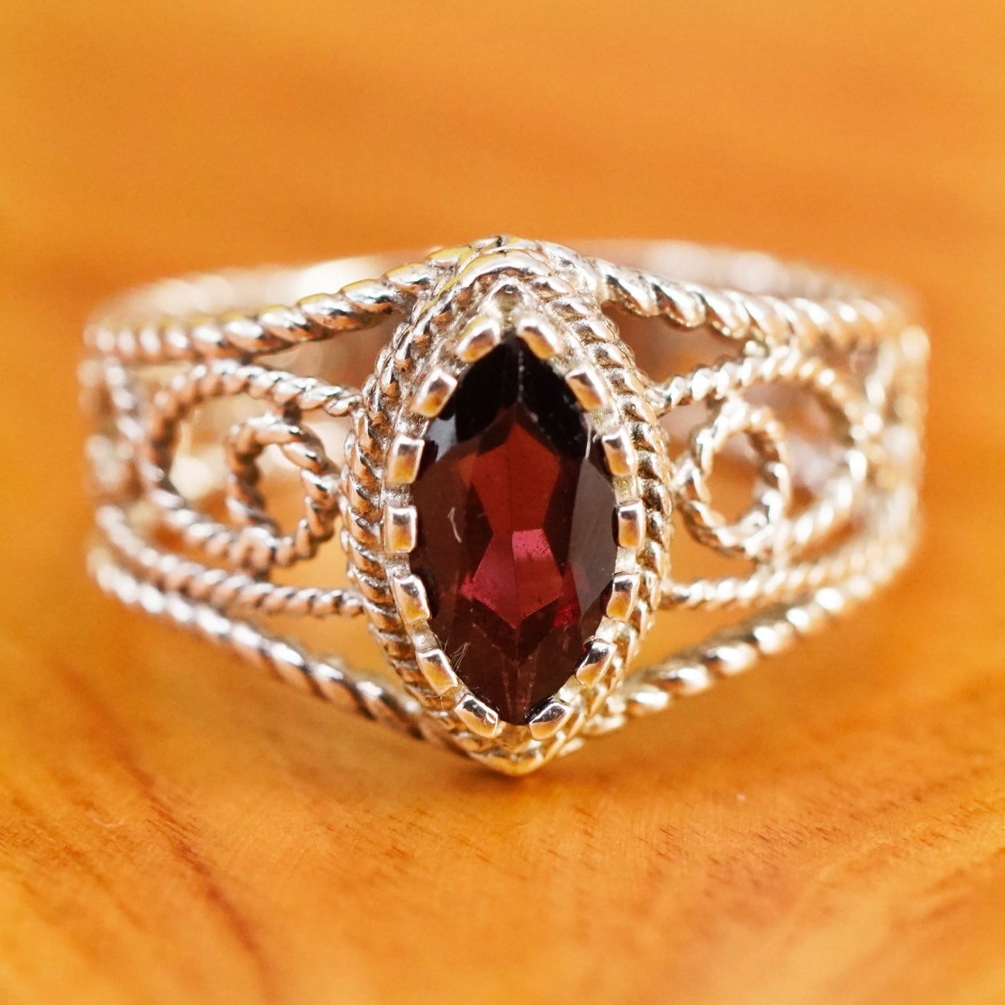 Size 8.25, vintage Sterling 925 silver handmade filigree ring with ruby