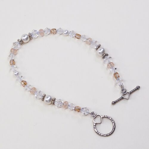 7”, Vtg Sterling Silver Handmade Bead Bracelet, 925 Swarovski Crystal W/ Toggle