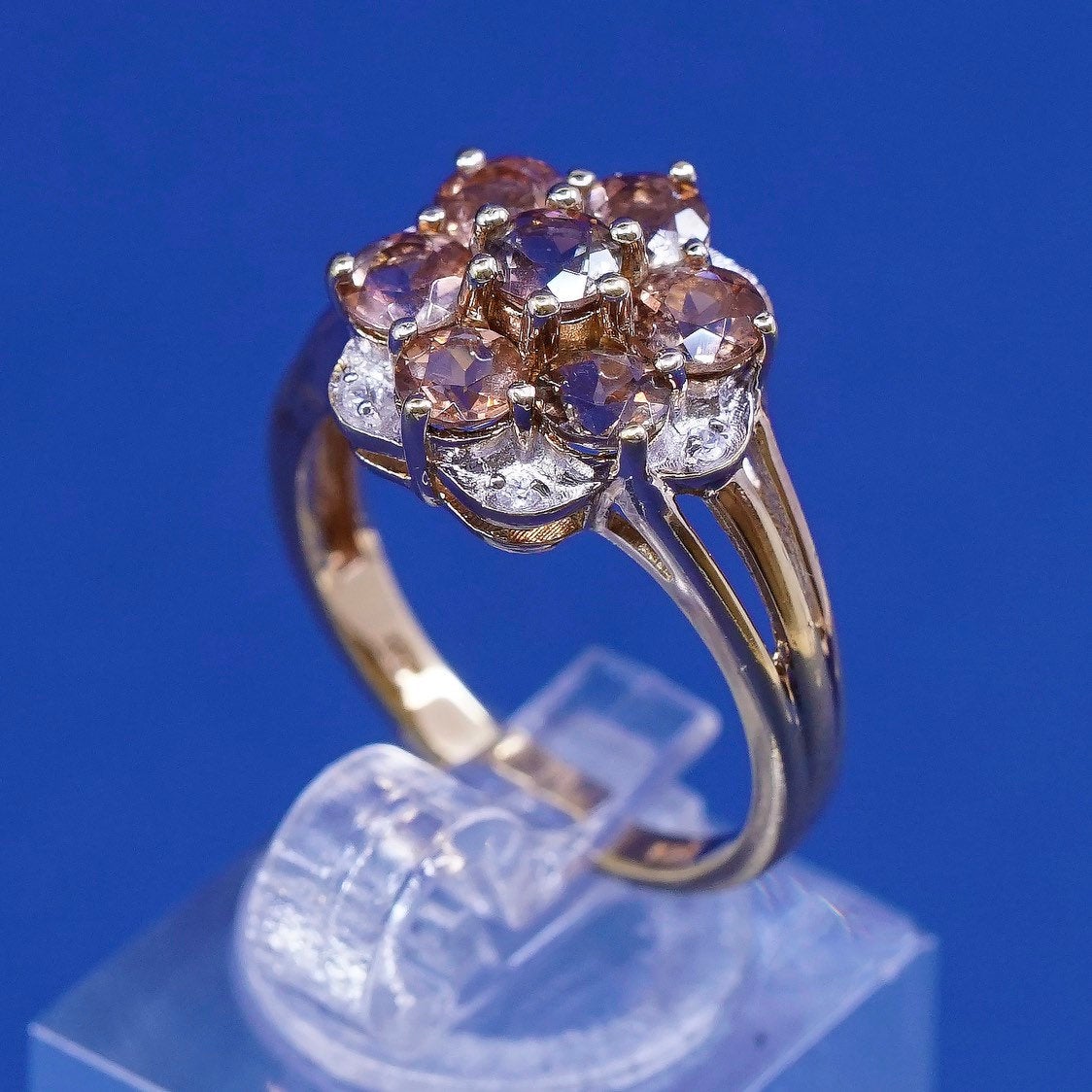 sz 7.25, vermeil gold sterling silver ring, 925 w/ orange topaz flower diamond