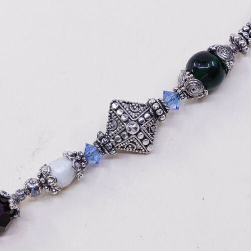 6.75” Vtg Sterling Silver Handmade Bead Bracelet, 925 Toggle n Swarovski Crystal
