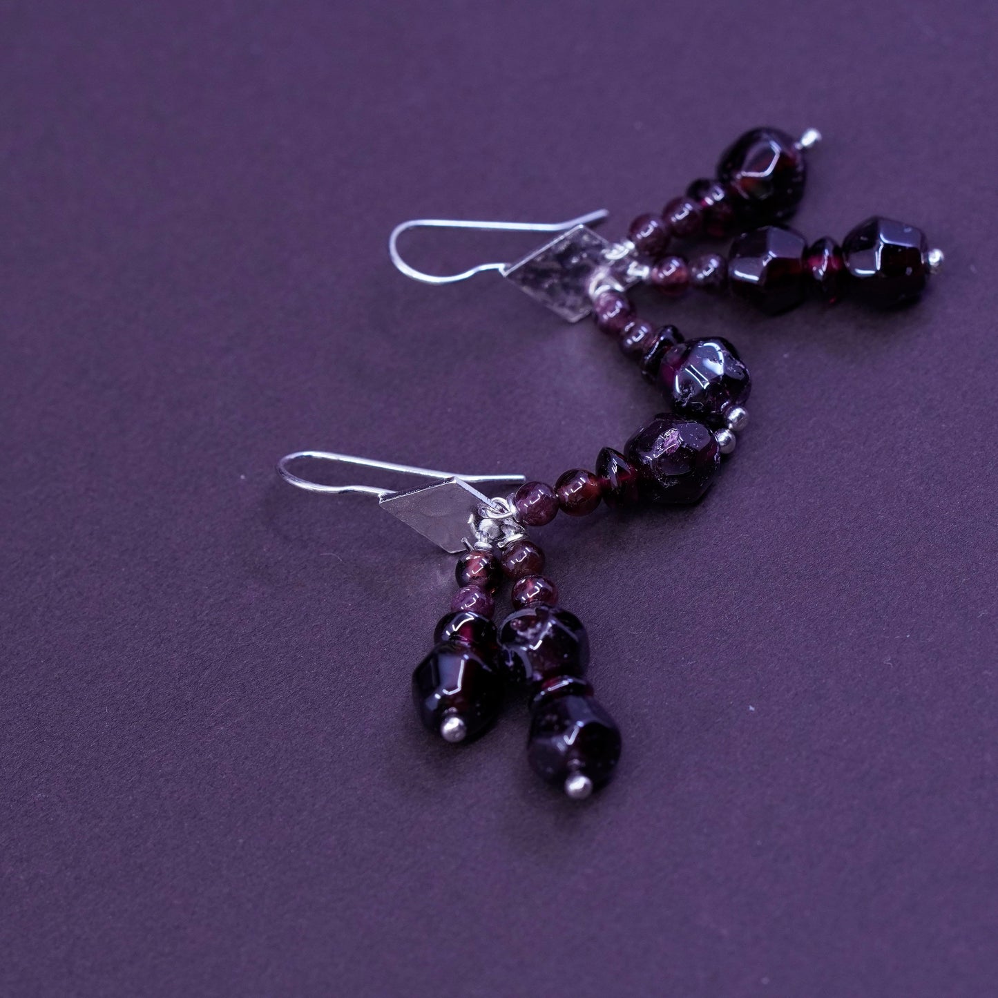 Vintage Sterling silver handmade earrings, 925 disc with garnet beads