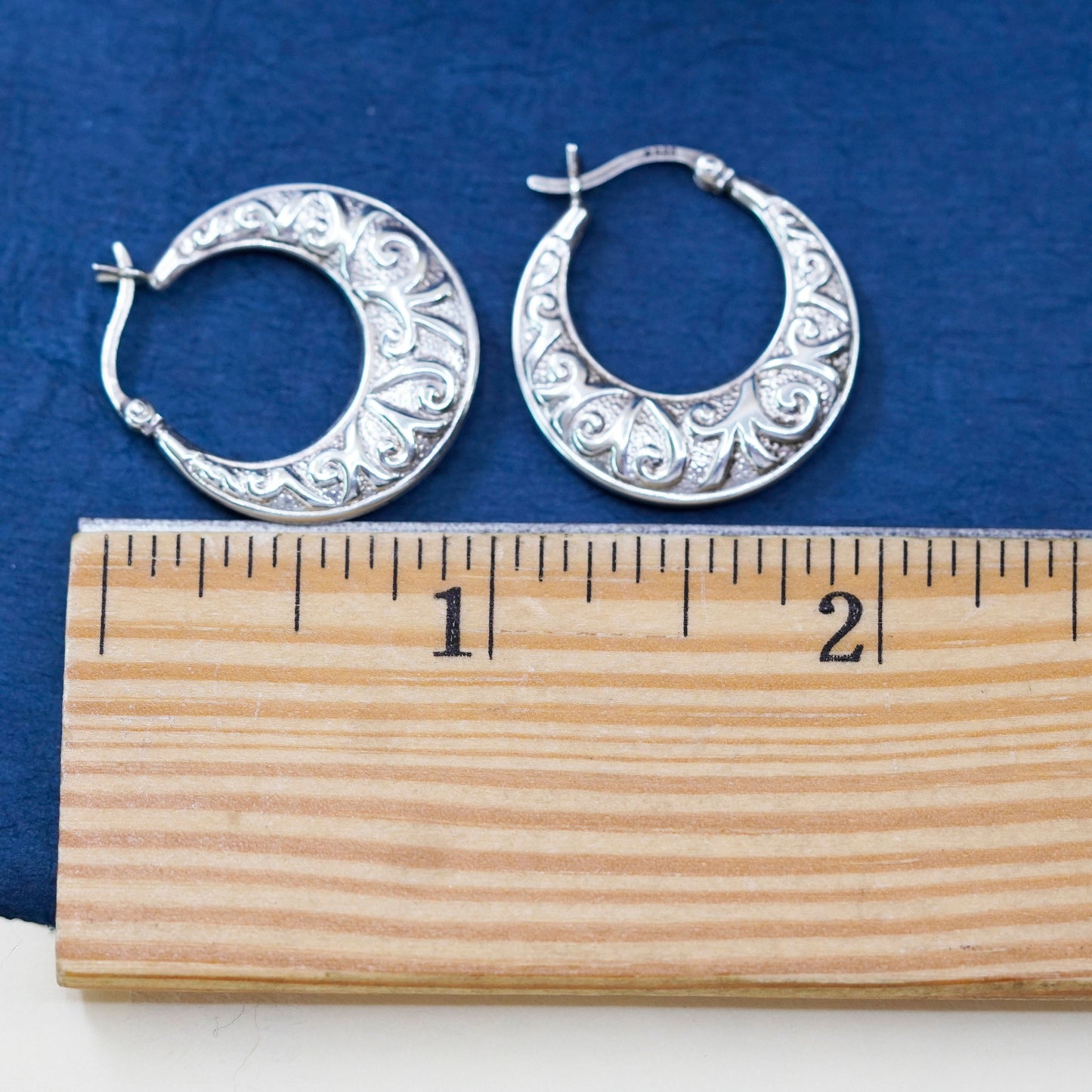 1”, Sterling silver handmade earrings, textured 925 hoops, huggie