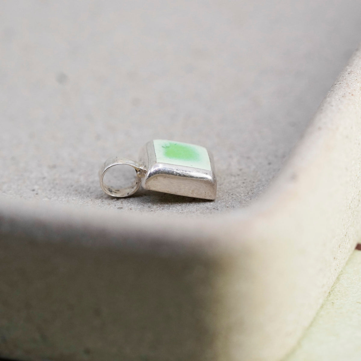 vintage handmade sterling silver pendant, 925 square with green onyx
