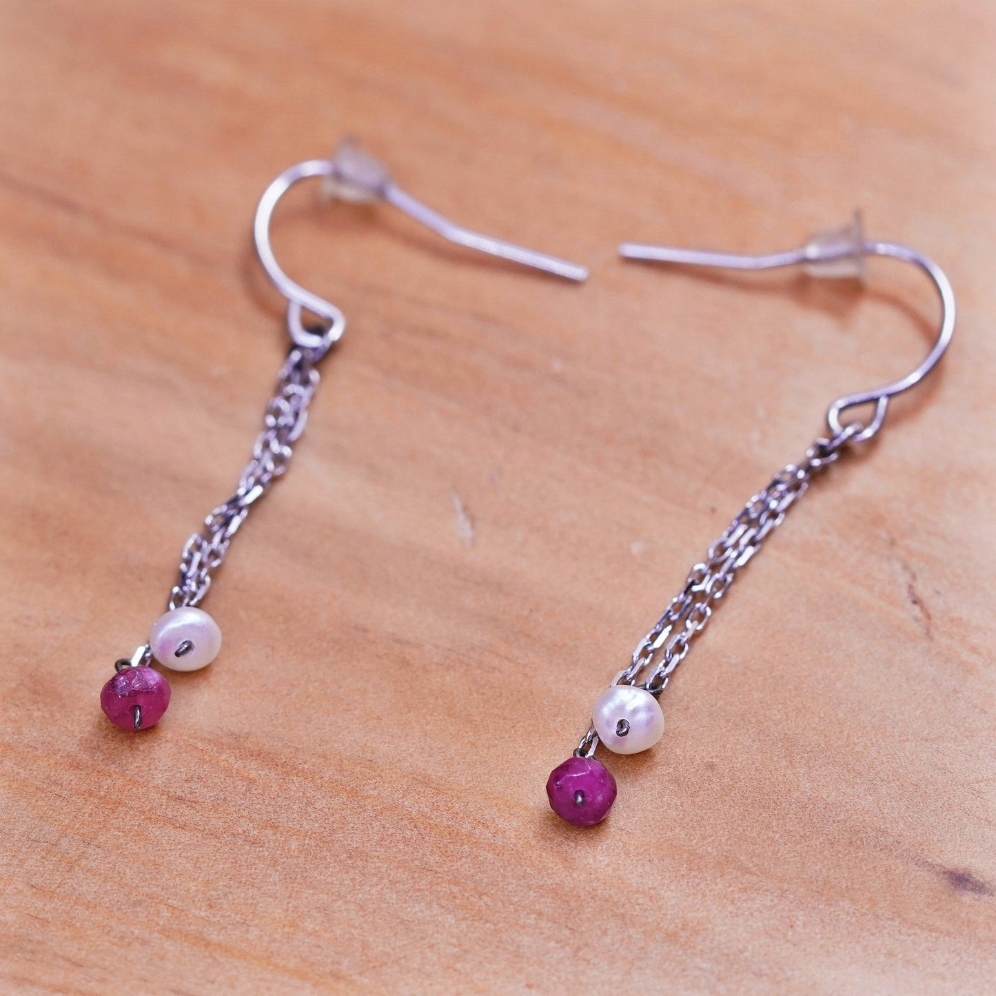 Vintage Sterling 925 silver handmade earrings with pearl and ruby beads