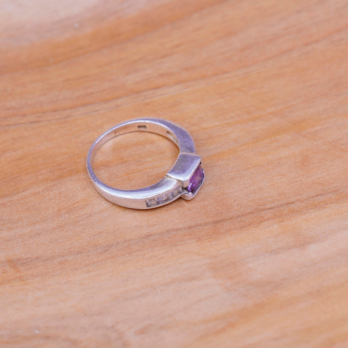 Size 6.75 vintage Sterling 925 silver handmade band ring w/ square amethyst Cz
