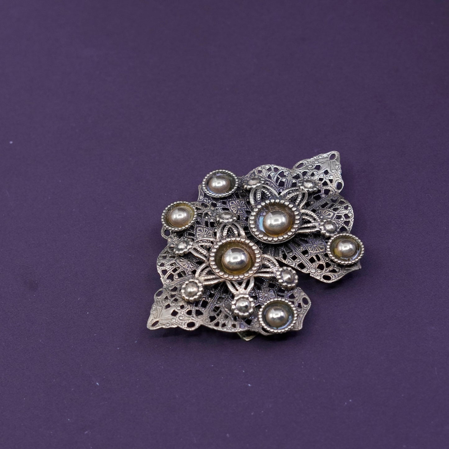 Vintage gold tone filigree belt buckle with beads
