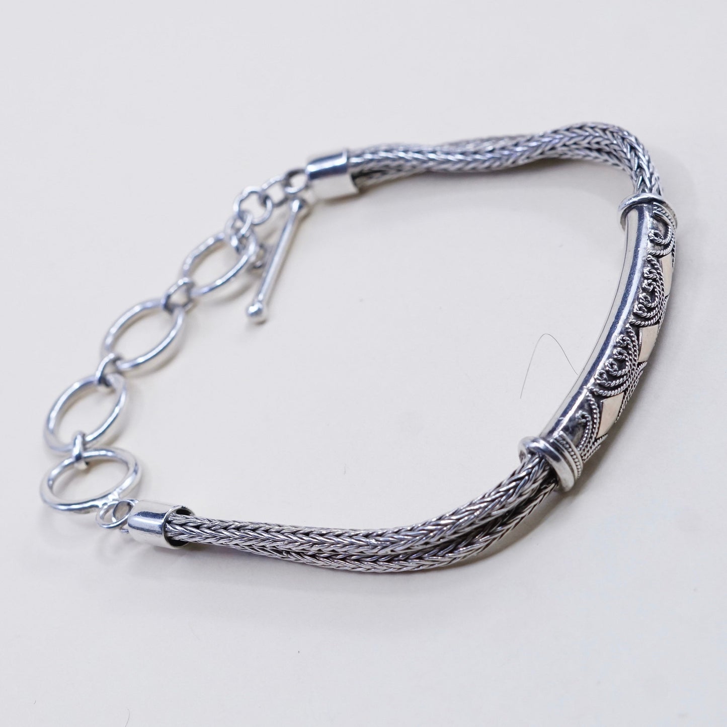 6.5”+1”, 14K gold accent w/ sterling silver bracelet, double strands 925 wheat
