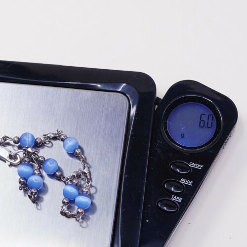 7.75”, Vtg Sterling 925 Silver Handmade Bead Bracelet, Blue Tiger’s Eye beads