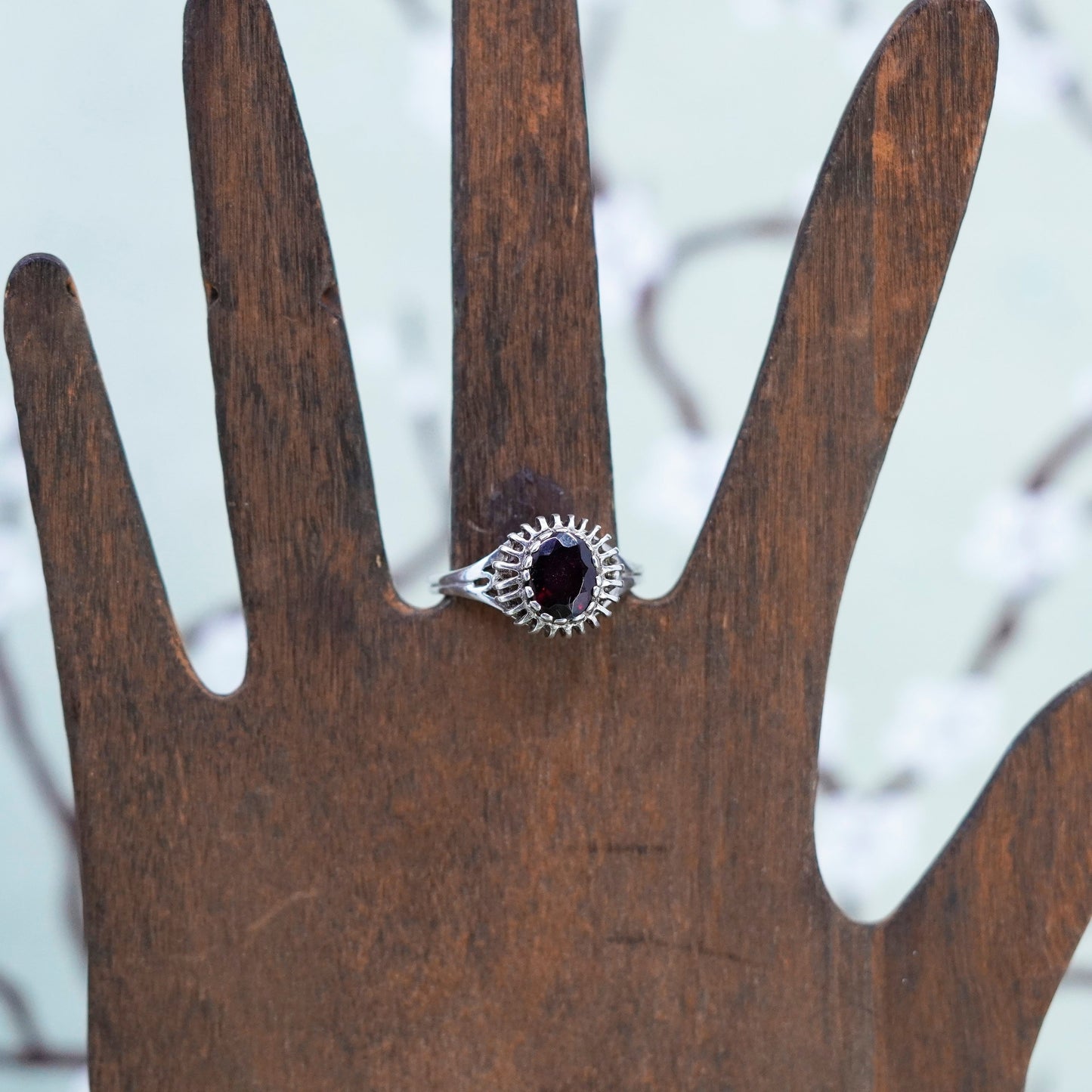 Size 10, Vintage sterling 925 silver handmade ring with oval garnet