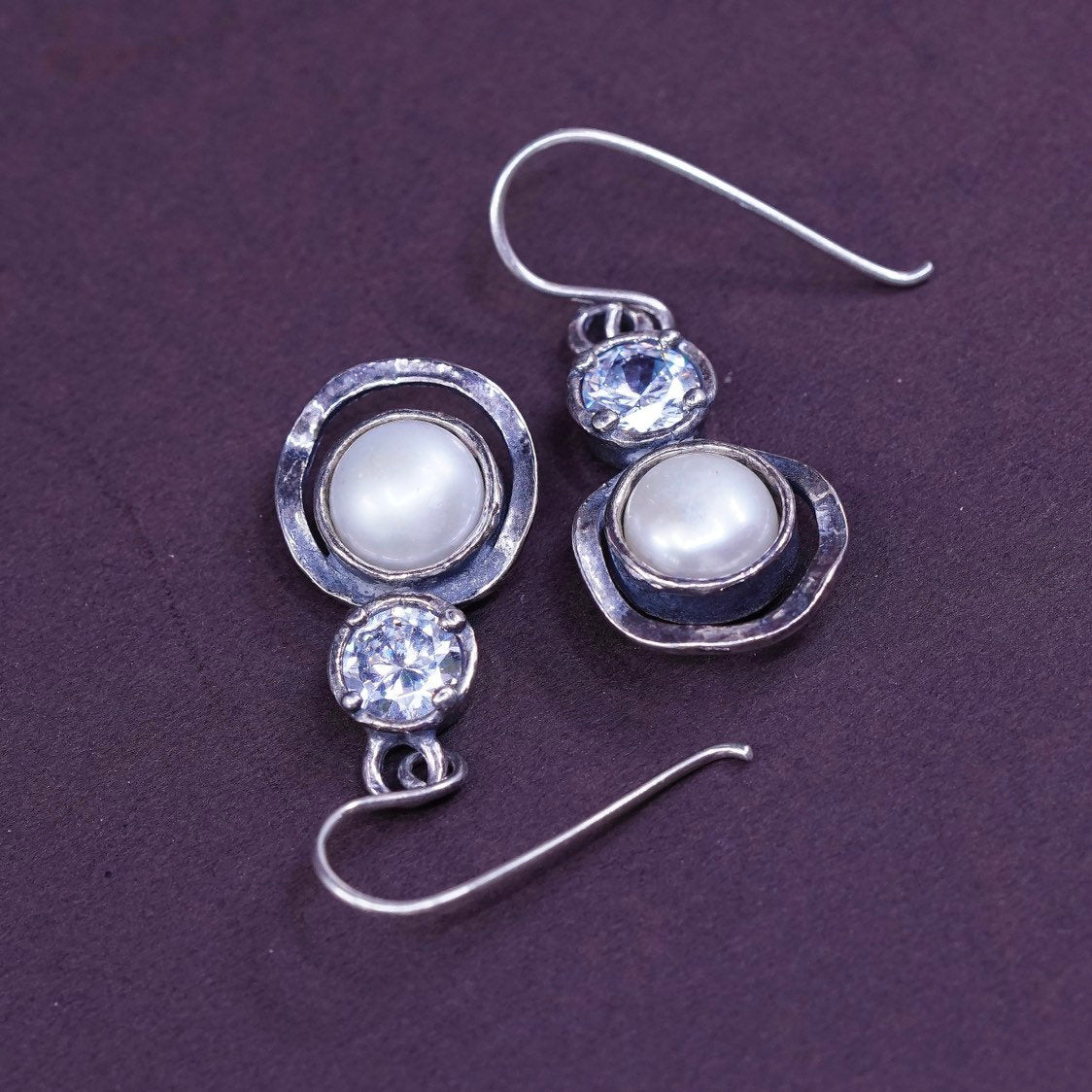 vtg Israel Sterling silver handmade earrings, 925 hoops w/ pearl and cz
