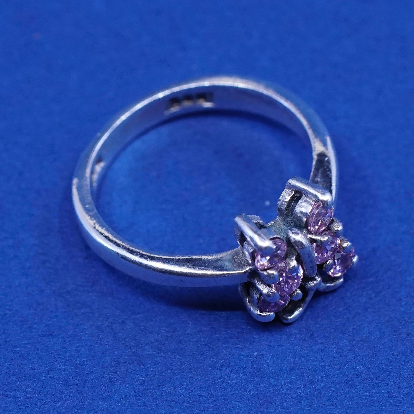 Size 3, vtg Sterling silver engagement ring, 925 band with pink cz butterfly