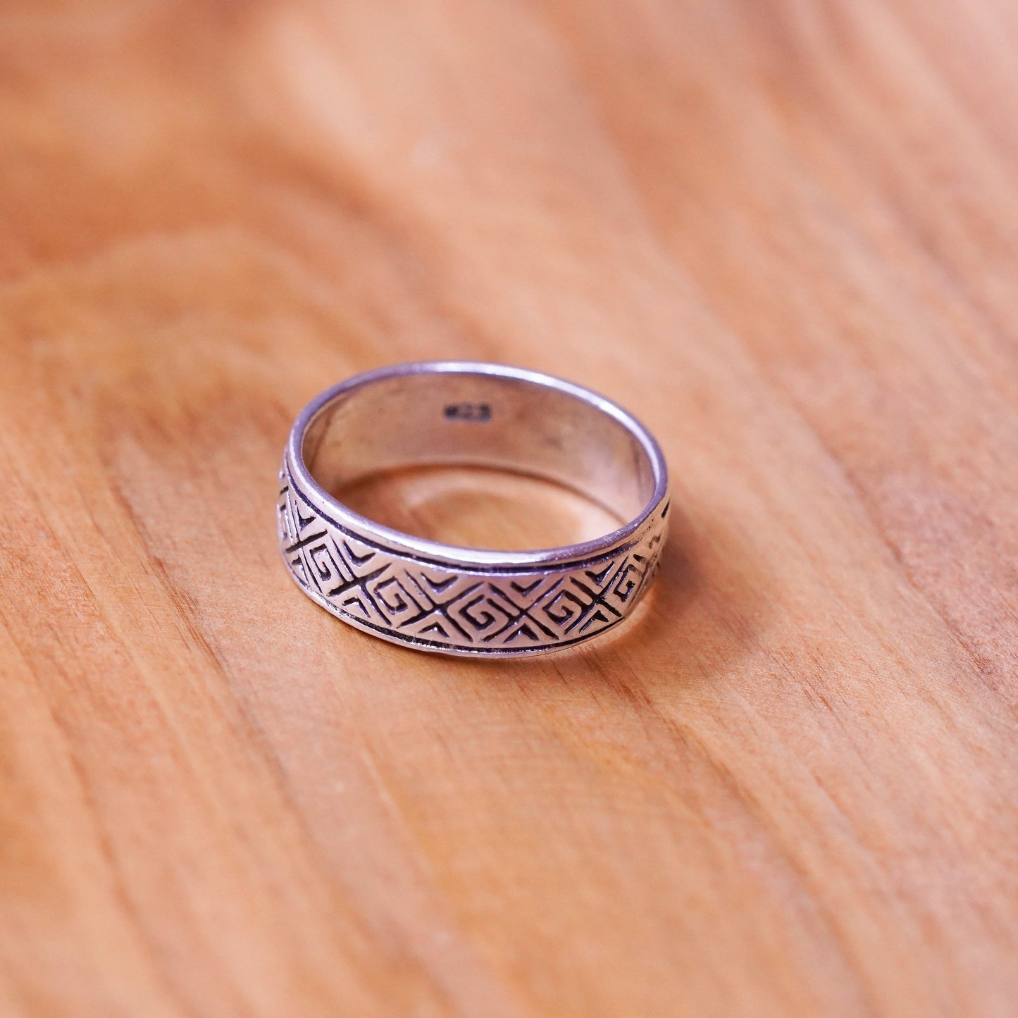 size 7.25, vintage Sterling silver handmade ring, 925 Greek key textured band