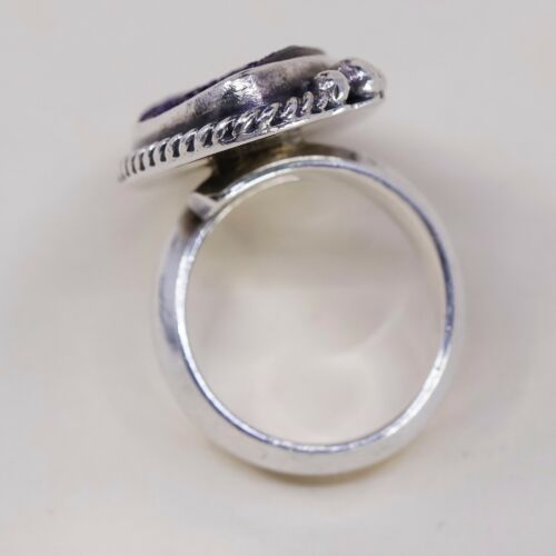 Sz 6, Vtg Sterling 925 Silver Handmade Ring w/ Obsidian Blue Druzy, Stamped