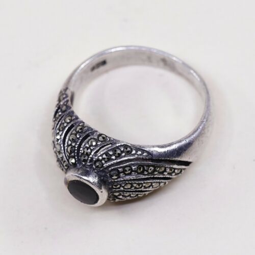 Sz 6, Vtg Sterling Silver Handmade Ring, 925 Silver Band W Obsidian N marcasite