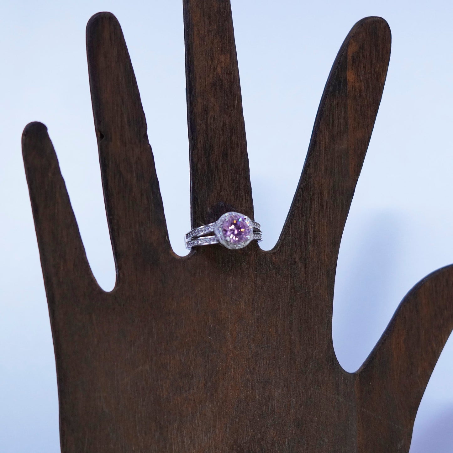 Size 8.25, vintage Sterling 925 silver handmade engagement ring with pink Cz