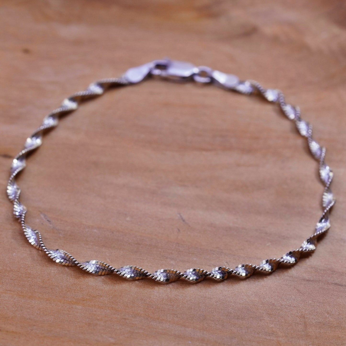 7, 3mm, vintage Sterling silver twisted herringbone bracelet, Italy 925 chain