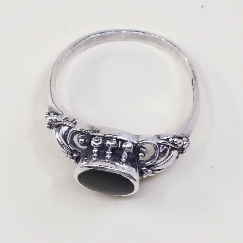Sz 7.25, Vtg Sterling Silver Handmade Ring, 925 Band W/ Oval obsidian N Beads