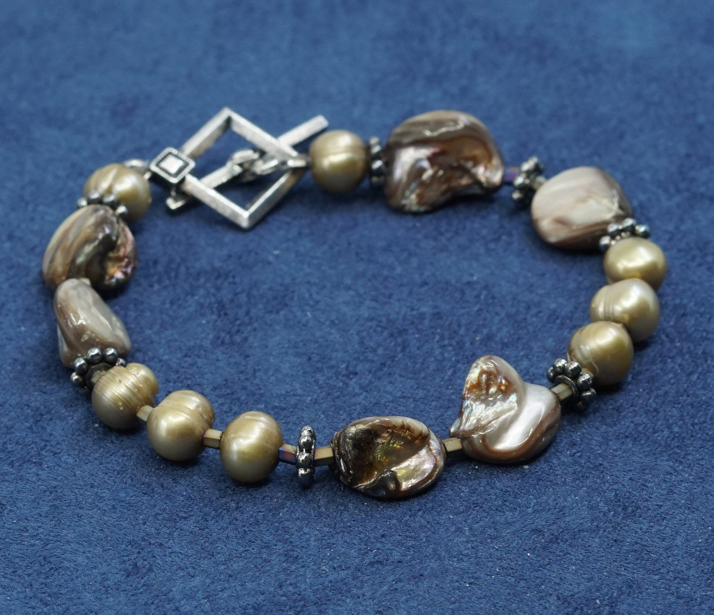 6.75", vtg sterling silver handmade bracelet, pearl beads N 925 toggle closure