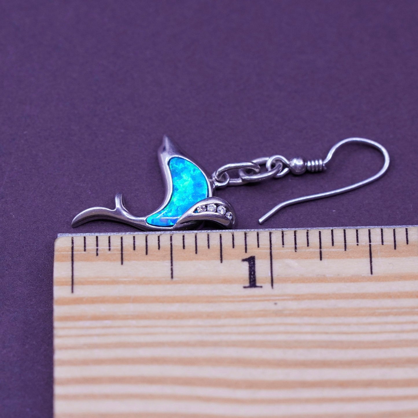 Vintage Sterling 925 silver handmade dolphin earrings with opal inlay