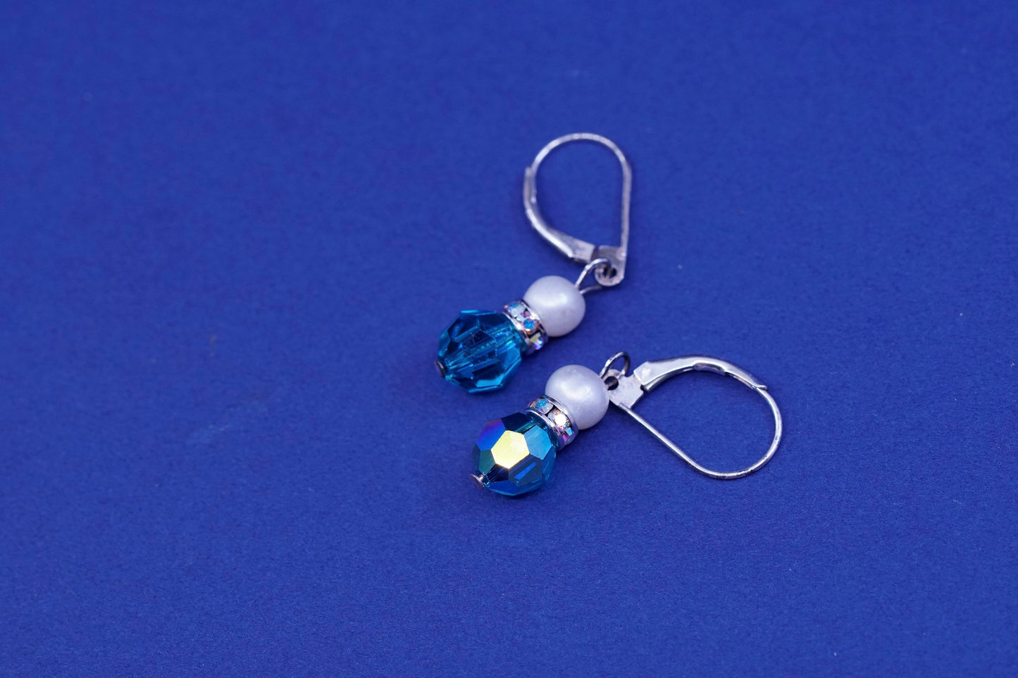 Vintage sterling 925 silver handmade earrings, with cube blue crystal and pearl