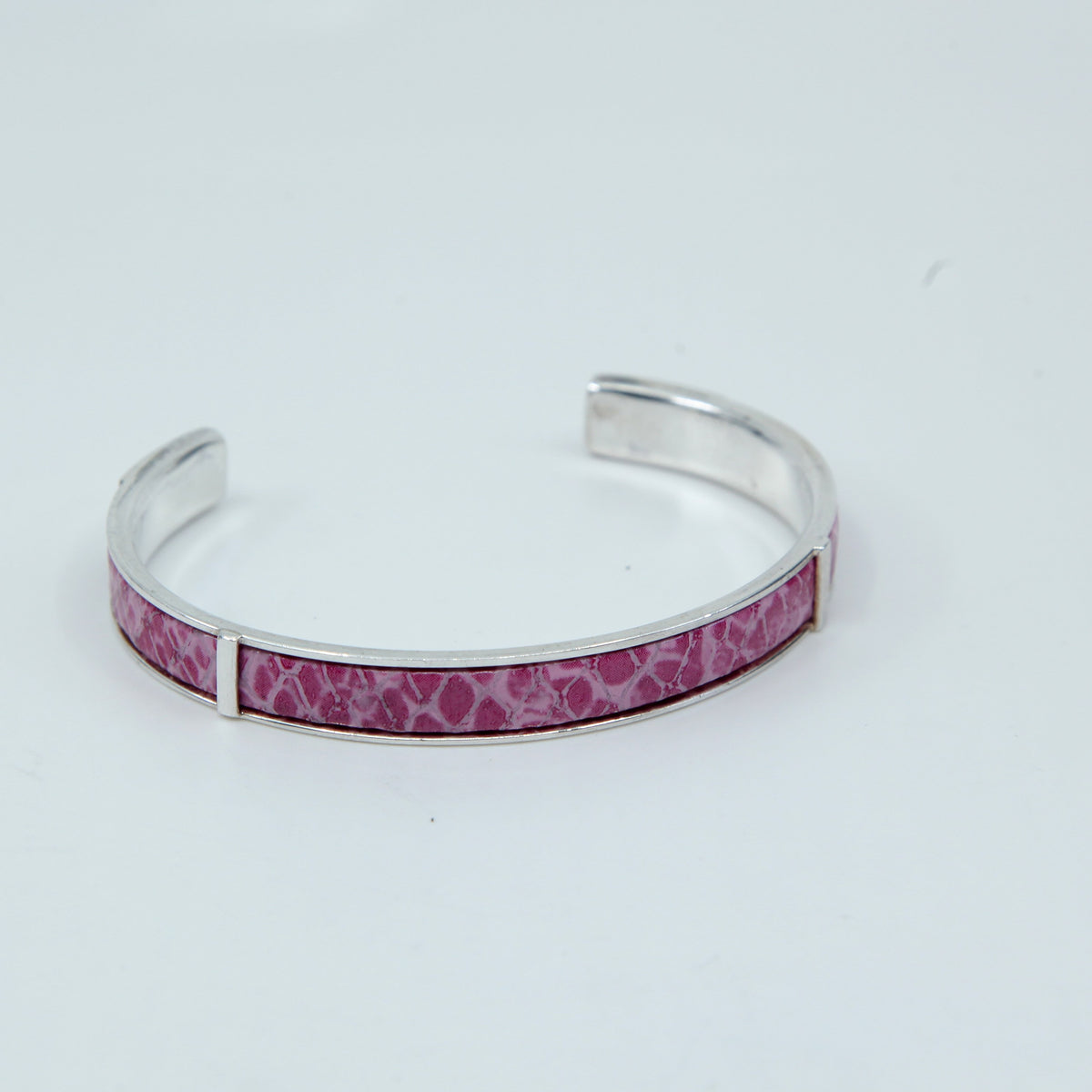 6.75", sterling silver contemporary handmade bracelet, 925 cuff w/ pink leather