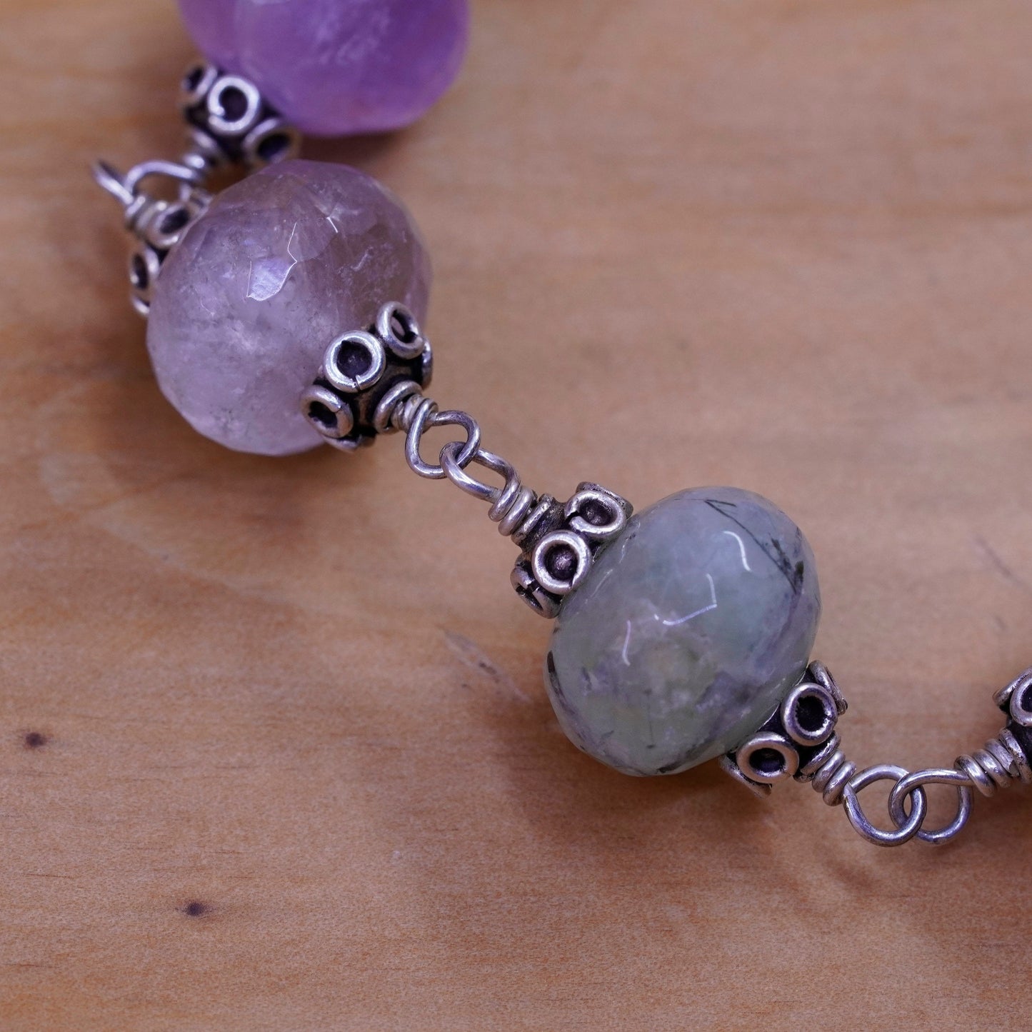 7”, sterling 925 silver carved bracelet prehnite amethyst quartz citrine