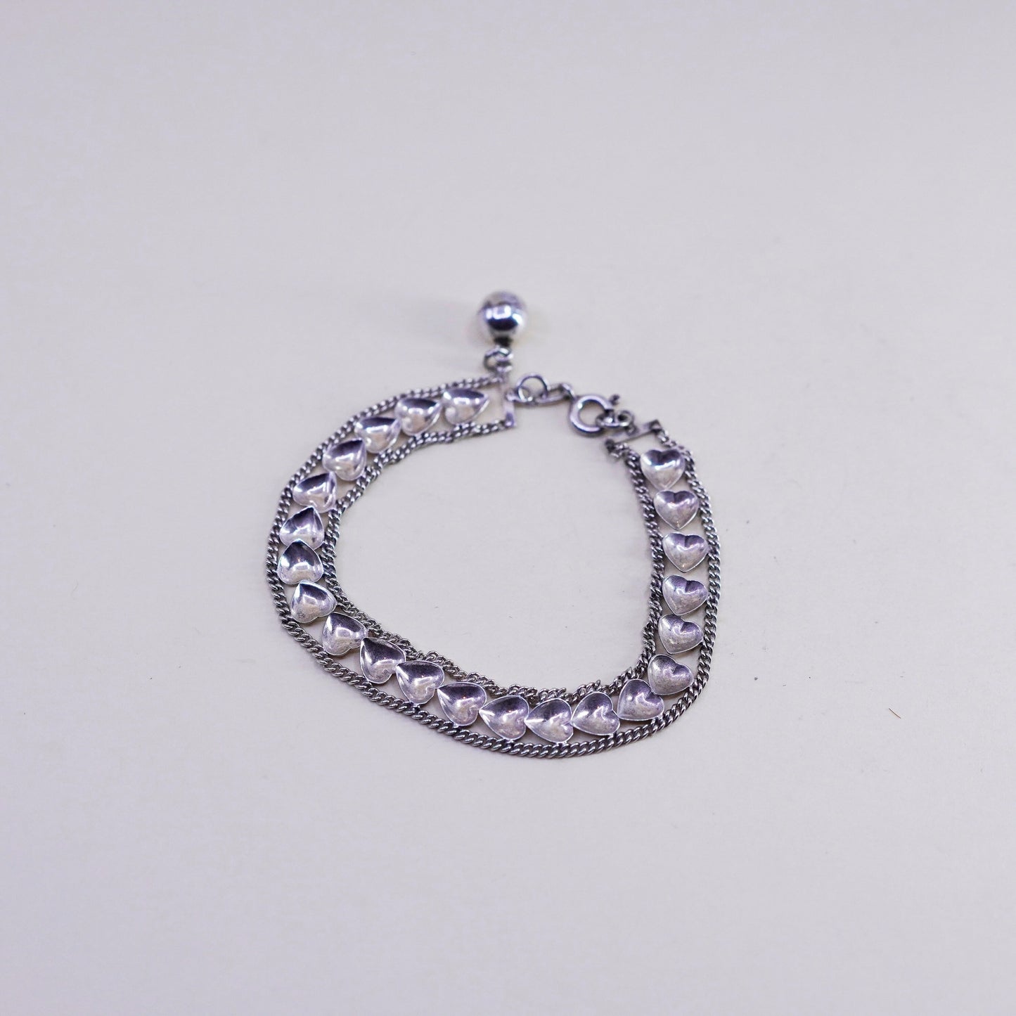 6.75”, Vintage sterling silver bracelet, 925 heart chain with chime bell charms
