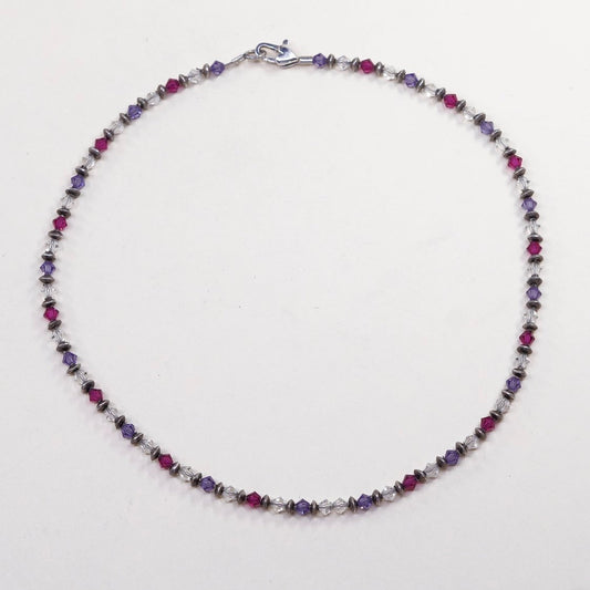 15" vtg Sterling 925 silver handmade beads necklace, w/ crystals beads