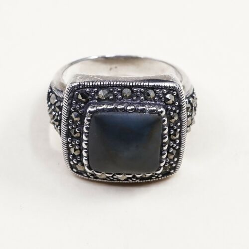Sz 7.75, Vtg Handmade Sterling 925 Silver Cocktail Ring W/ Turquoise N Marcasite