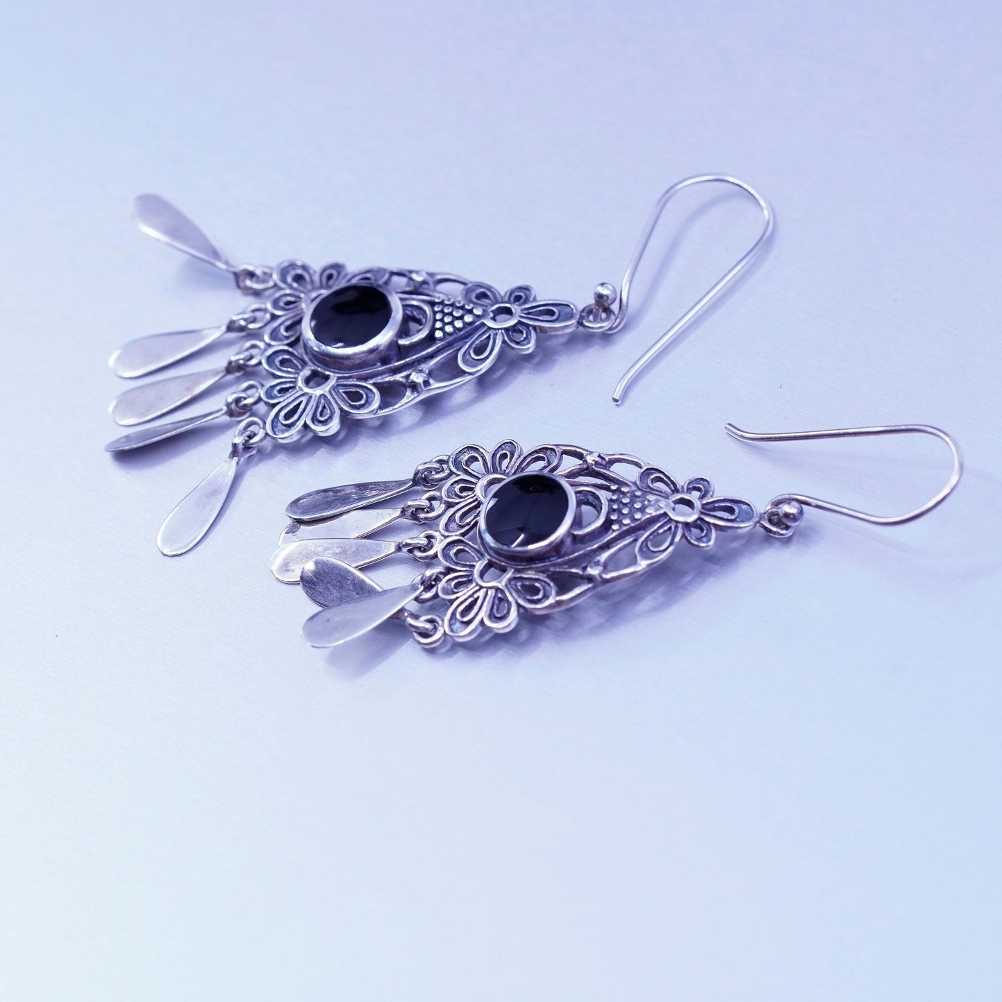 Vintage Sterling 925 silver filigree earrings with obsidian and teardrop fringe