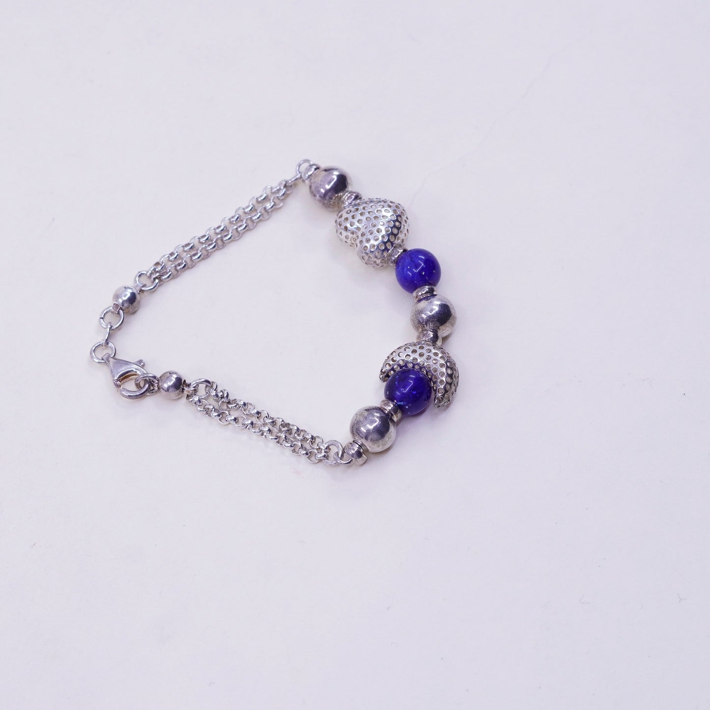 6.25”, vtg sterling silver bracelet, 925 circle chain heart charm lapis beads