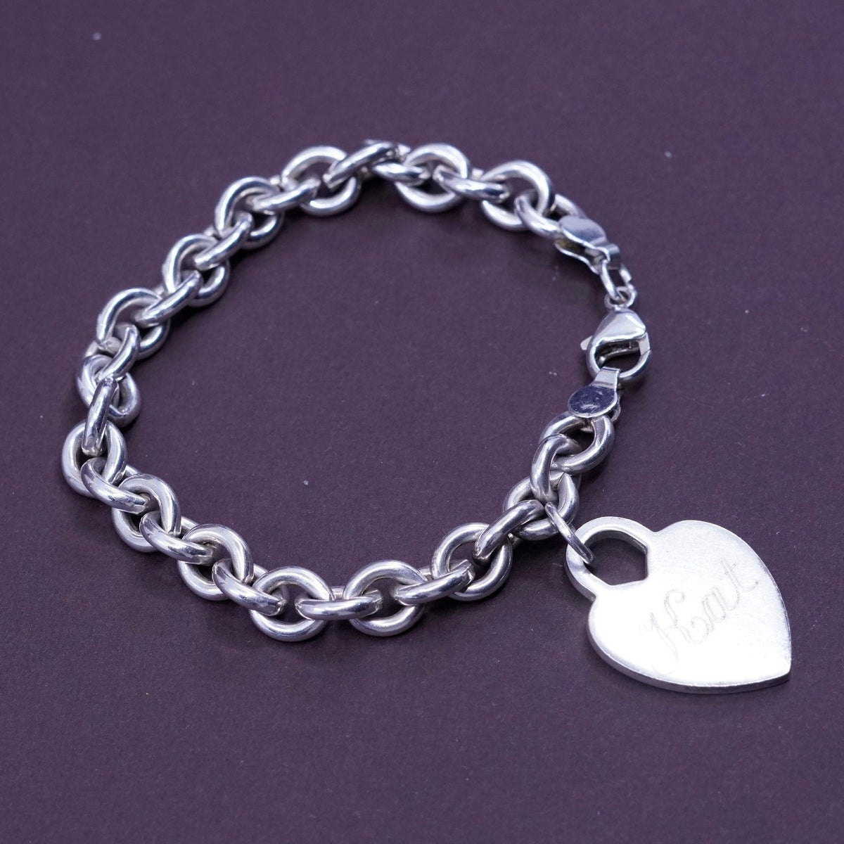 6.75”, 8mm, Sterling silver handmade charm bracelet, 925 circle chain w/ heart