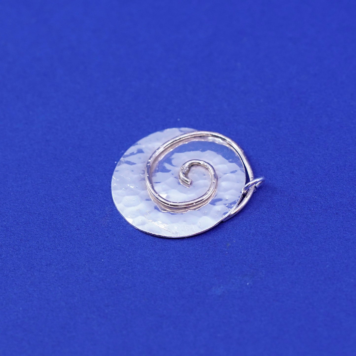 two tone Sterling silver pendant, 925 hammered circle charm with brass swirl