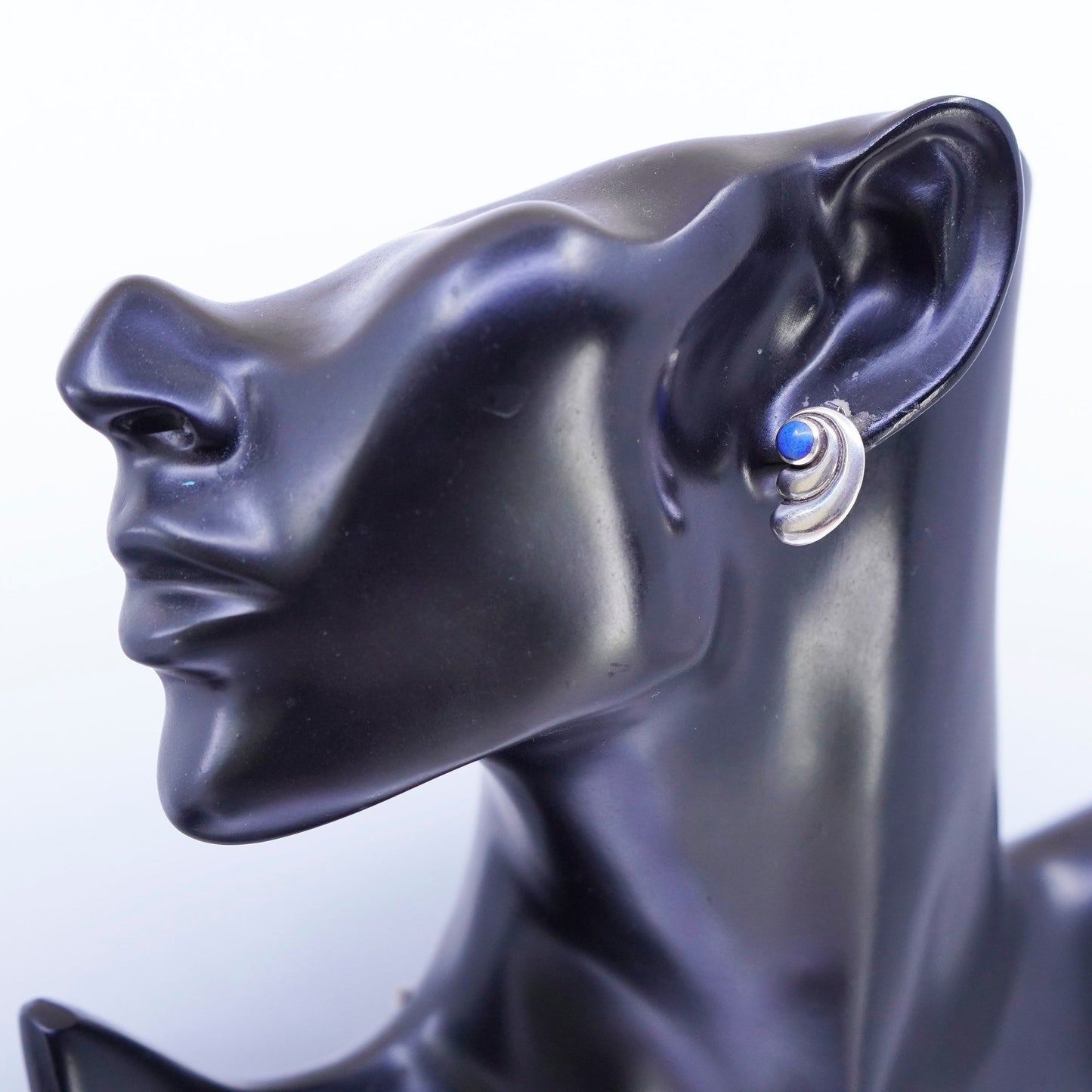 Vintage Sterling 925 silver handmade earrings, wings studs with denim lapis