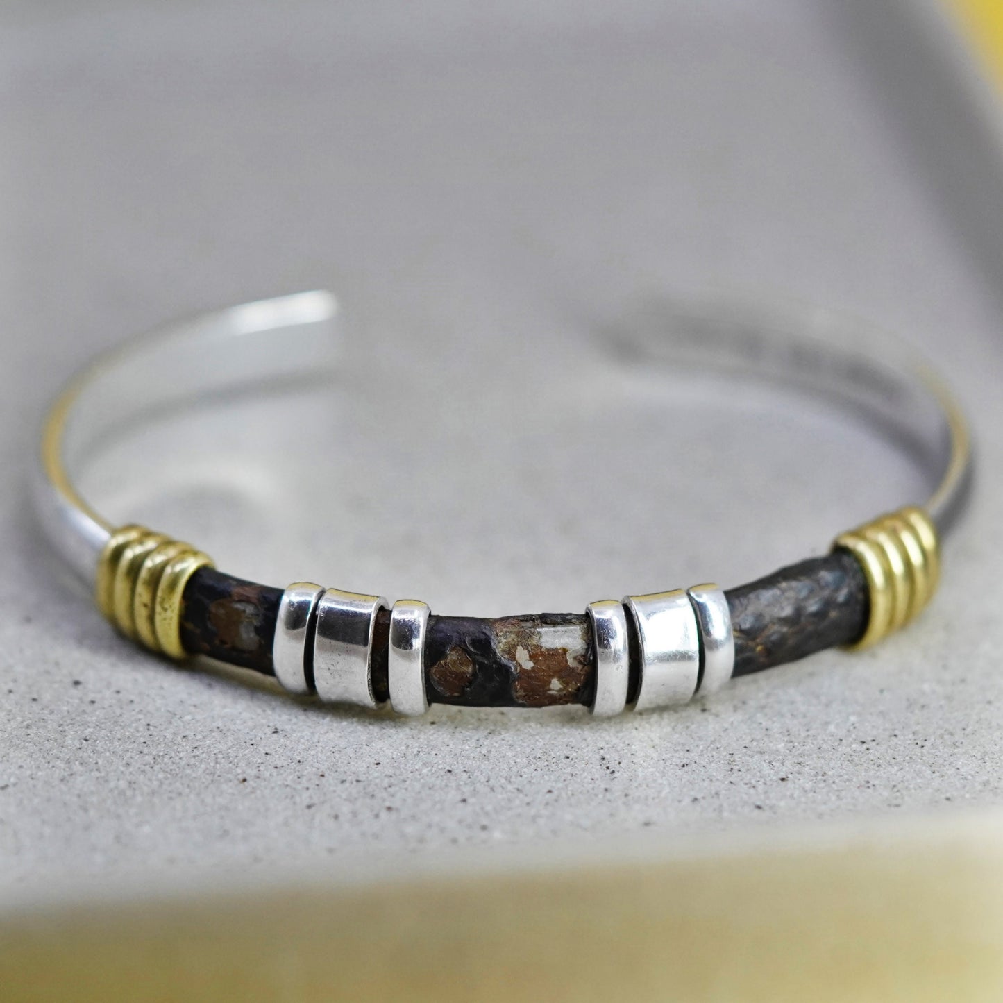 6.75”, Sterling silver handmade bracelet, Mexico 925 cuff w/ snakeskin leather