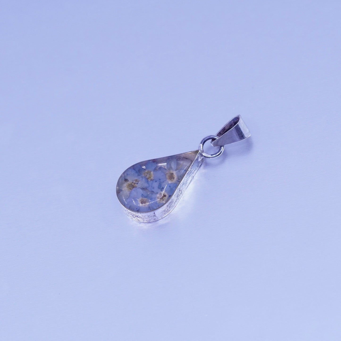 antique sterling 925 silver resin pendant with blue resin flower