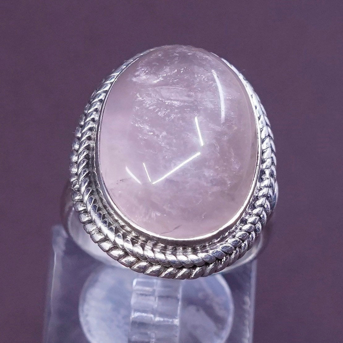 sz 8.5, vtg Sterling silver handmade ring, 925 w/ pink Quartz N cable
