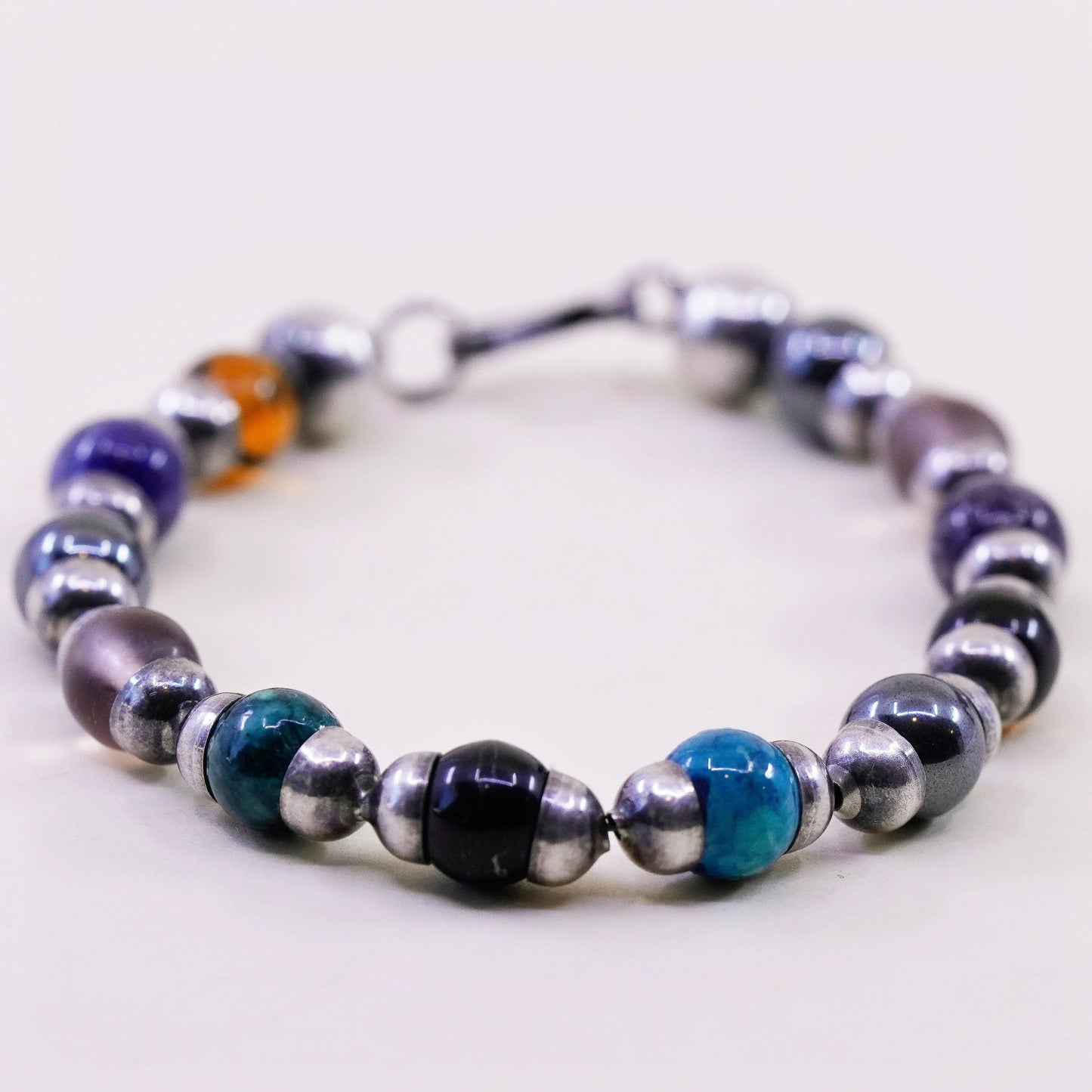 6.75”, Mexico Sterling 925 silver bracelet onyx sodalite jasper hematite amber