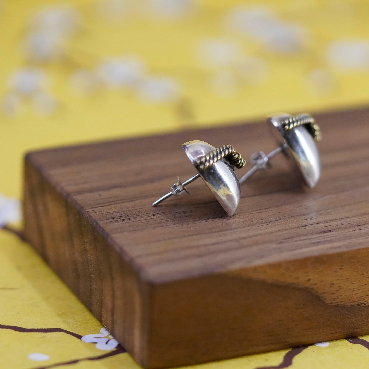 Two Tone Sterling silver handmade earrings, mexico 925 heart studs brass cable