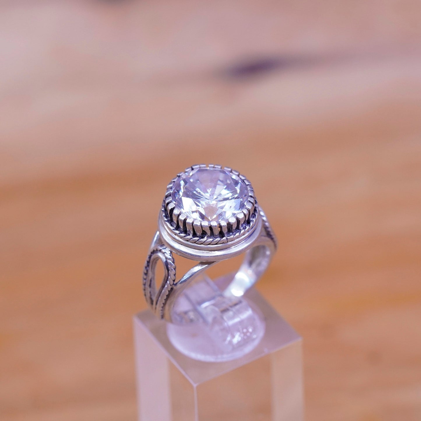 Size 7.75, vintage Sterling silver handmade ring, 925 engagement band with cz