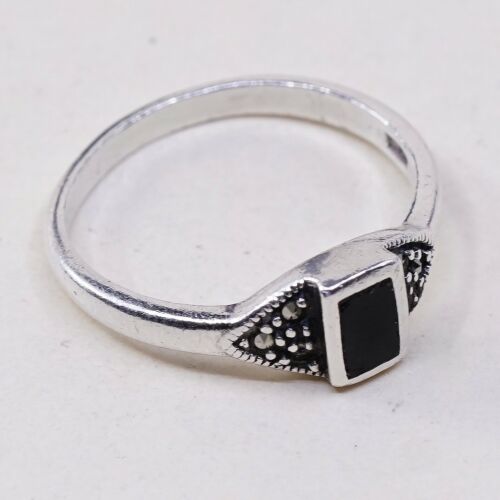 Sz 7.75, Vtg Sterling Silver Handmade Ring, 925 Silver Band W obsidian inlay
